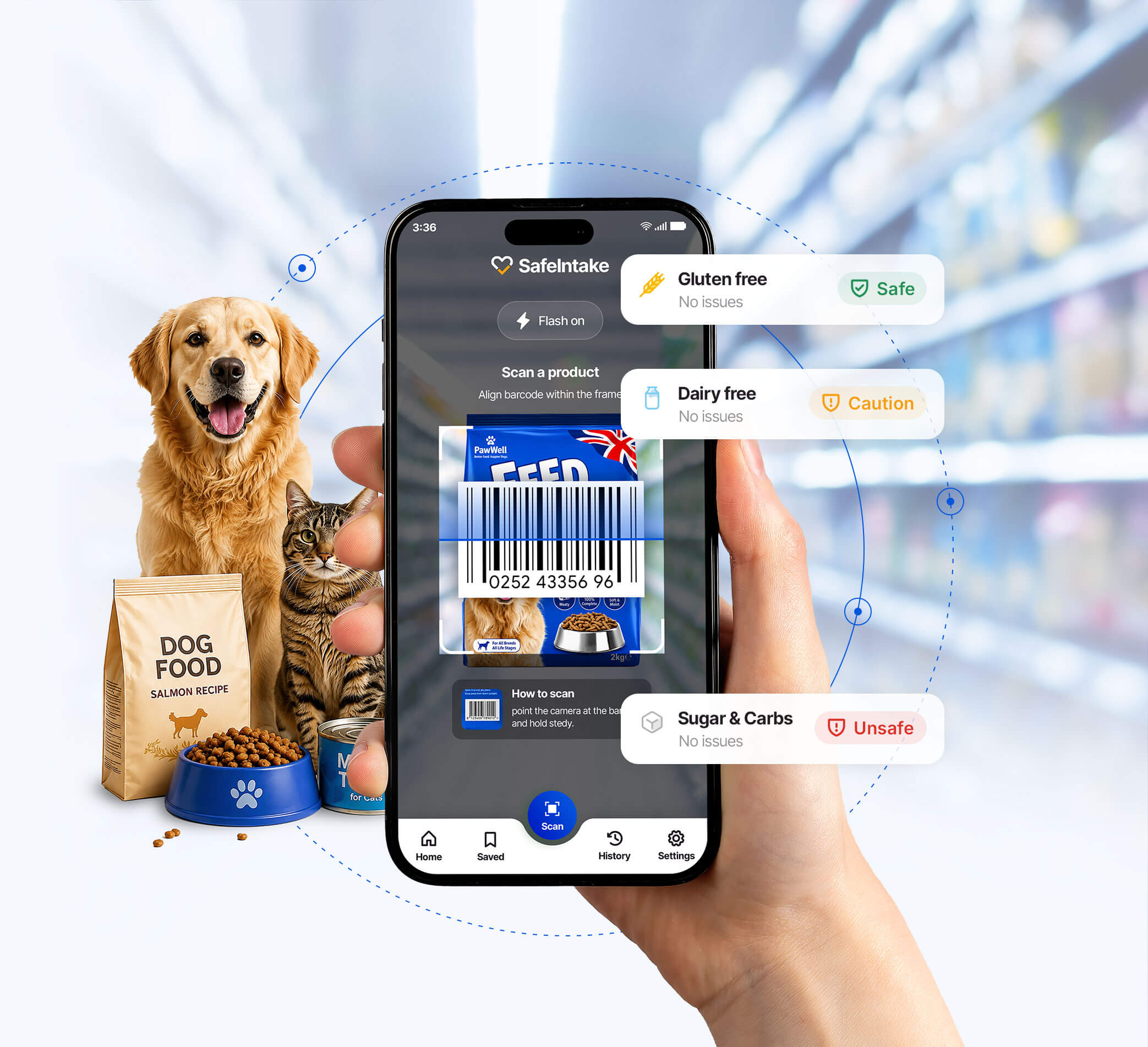 Person scanning pet food with SafeIntake in a pet supply store